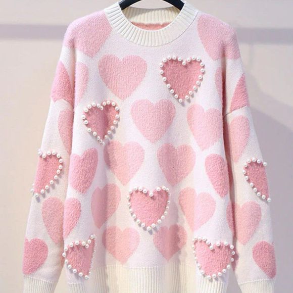 Pearl Beaded Heart Knit Turtleneck Sweater Pullover Women Top - Picture 1 of 10